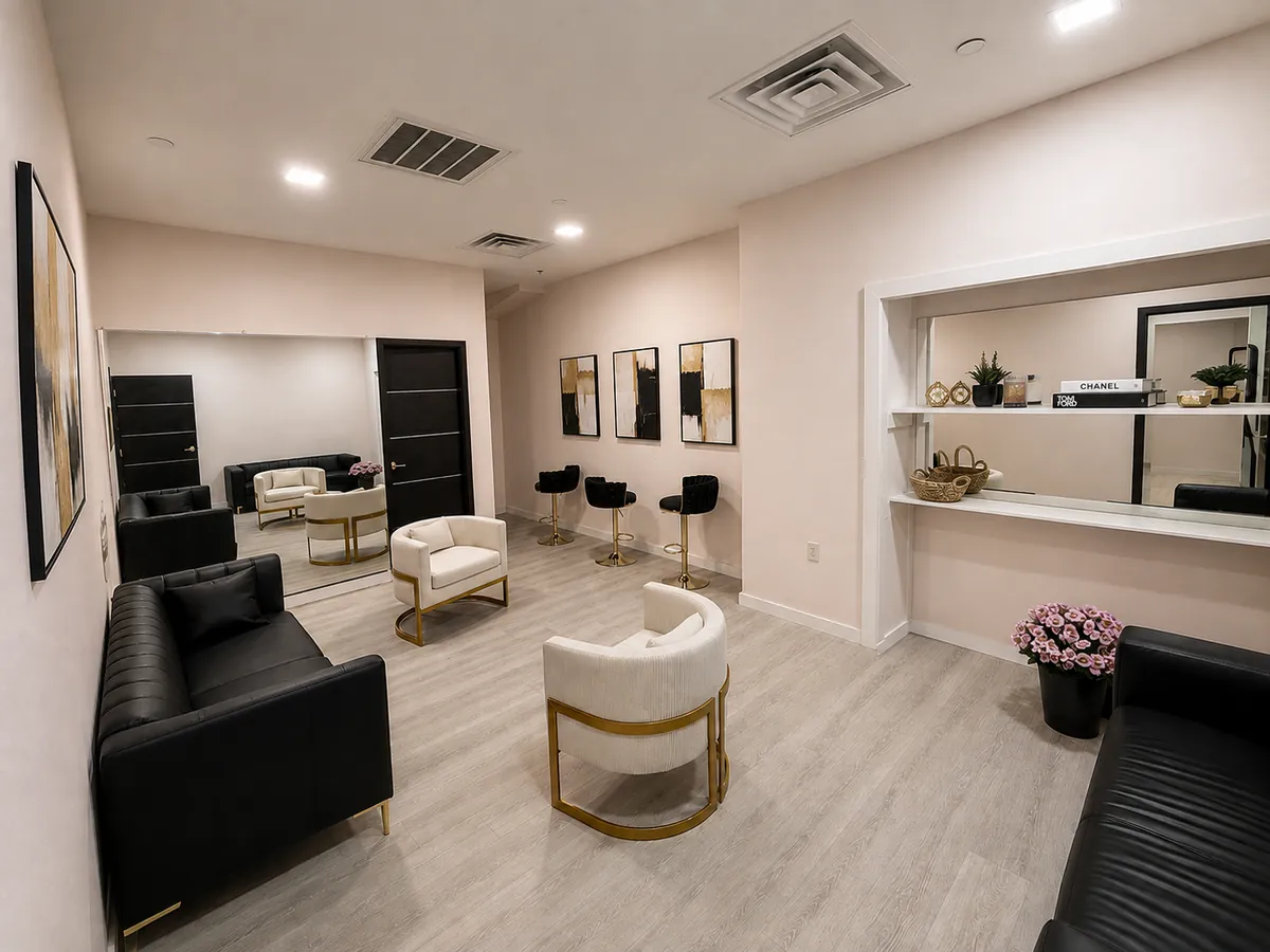 Bridal suite lounge with white and gold seating, black leather sofas and a vanity nook