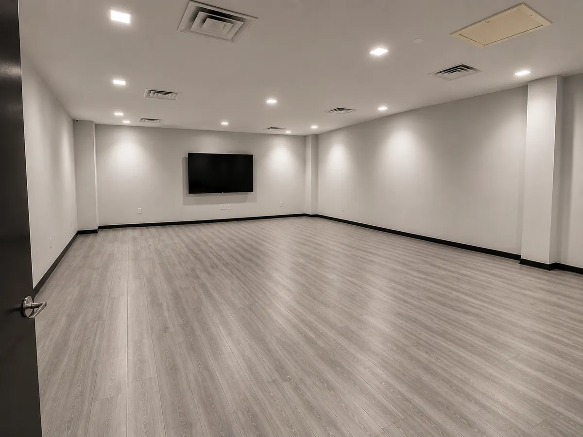 Conference room with grey wood-plank flooring and a wall-mounted television