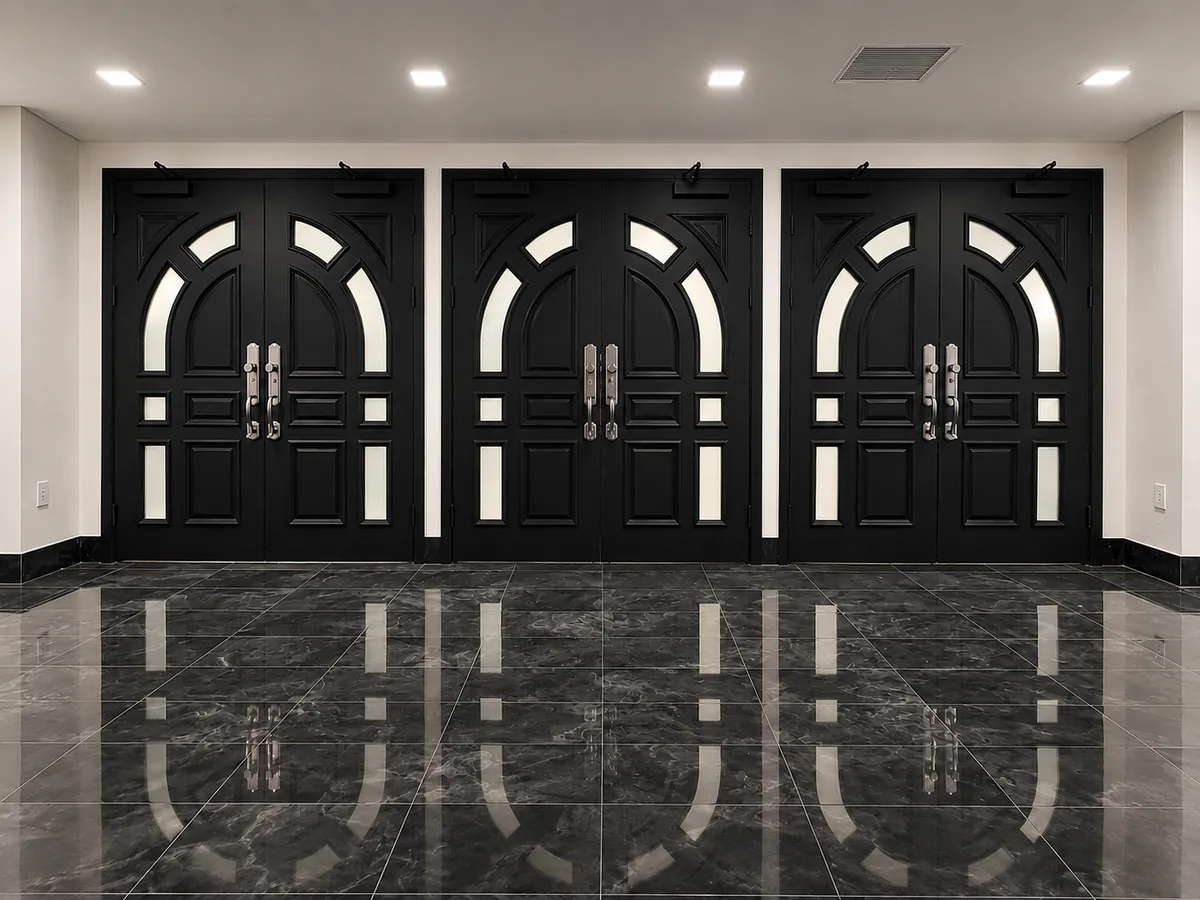 Black arched entrance doors reflected in the polished foyer floor