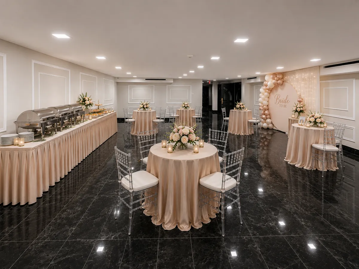The foyer set for a baby shower with a buffet line and blush linens