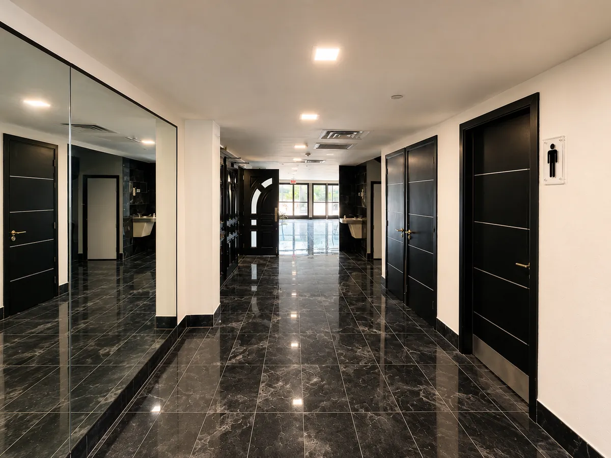 Foyer hallway with black marble flooring and white panelled walls