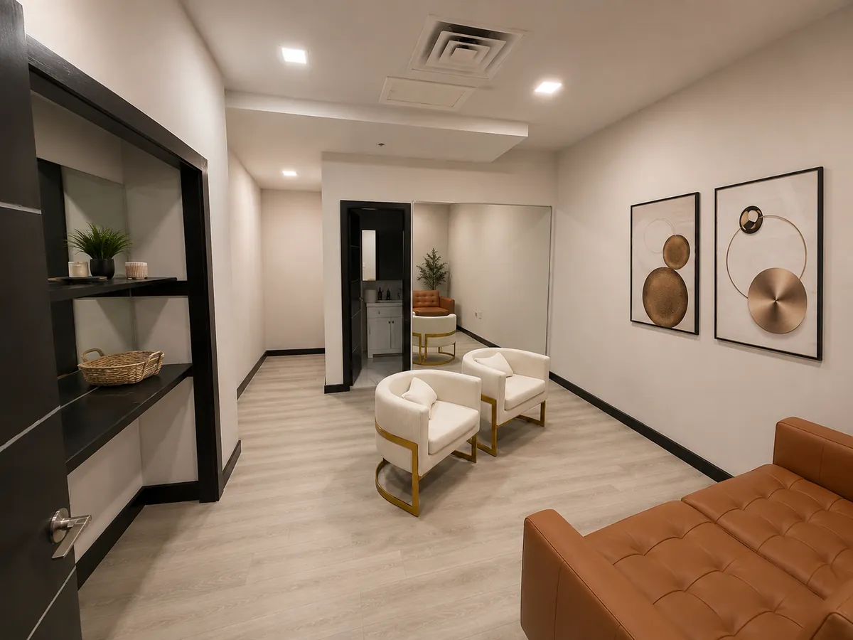 Groom's suite with white and gold armchairs, a tan leather sofa and built-in shelving