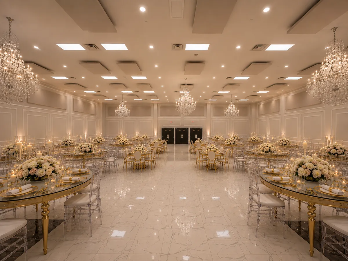 The main hall seen from the stage, looking back toward the doors