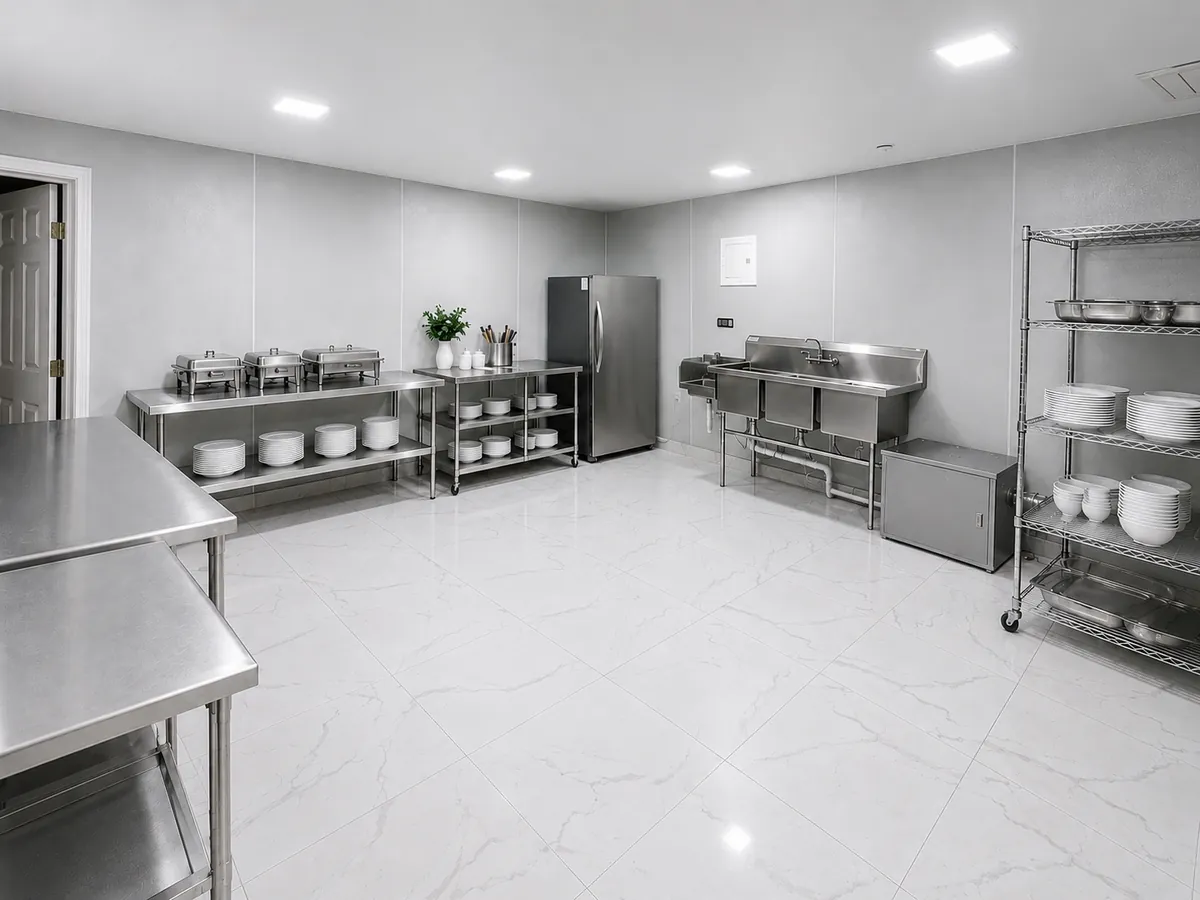 Catering kitchen with stainless prep tables, refrigeration and wire shelving
