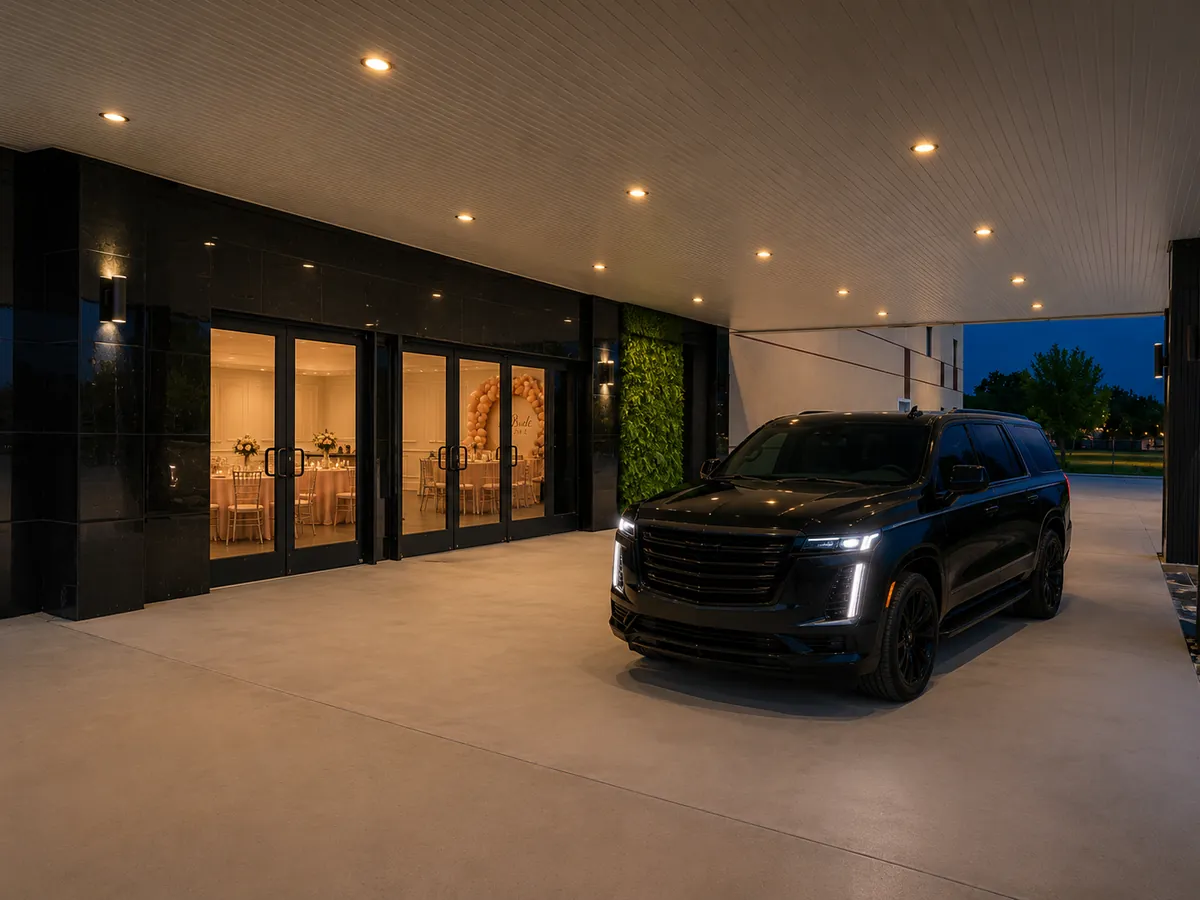 Covered porte-cochere with black columns and warm recessed lighting