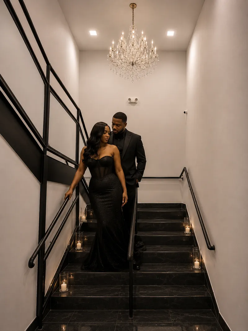 Couple on the staircase beneath a chandelier