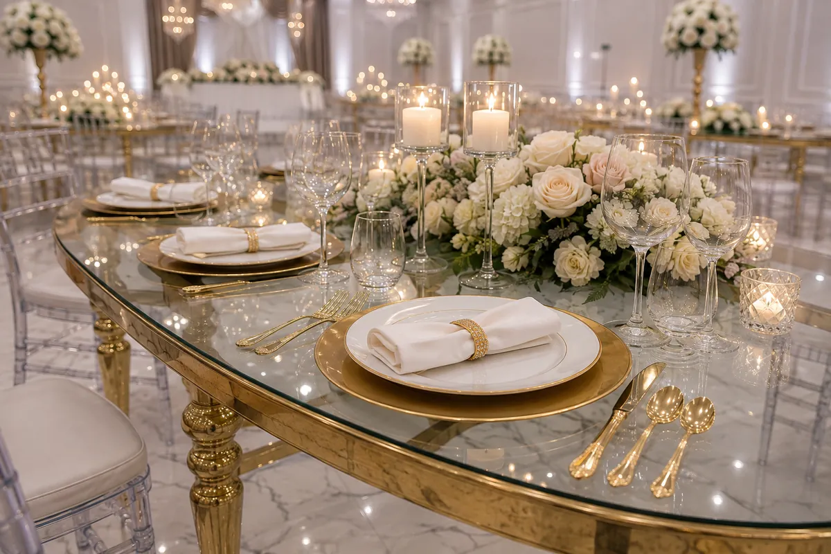 Place setting on a gold mirrored table with white roses and candles